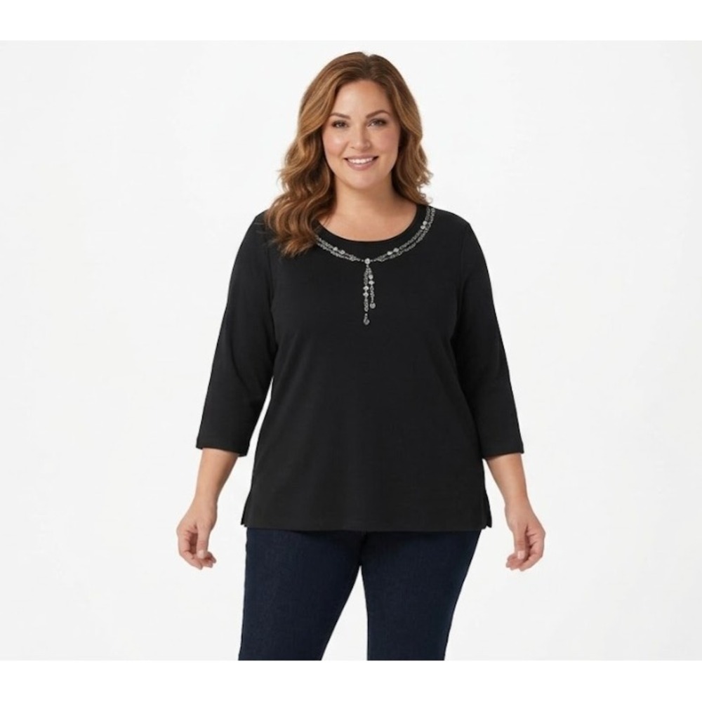 Quacker Factory Top size XL Black‎ Embellished Stretch Knit 3/4 Sleeve Comfy